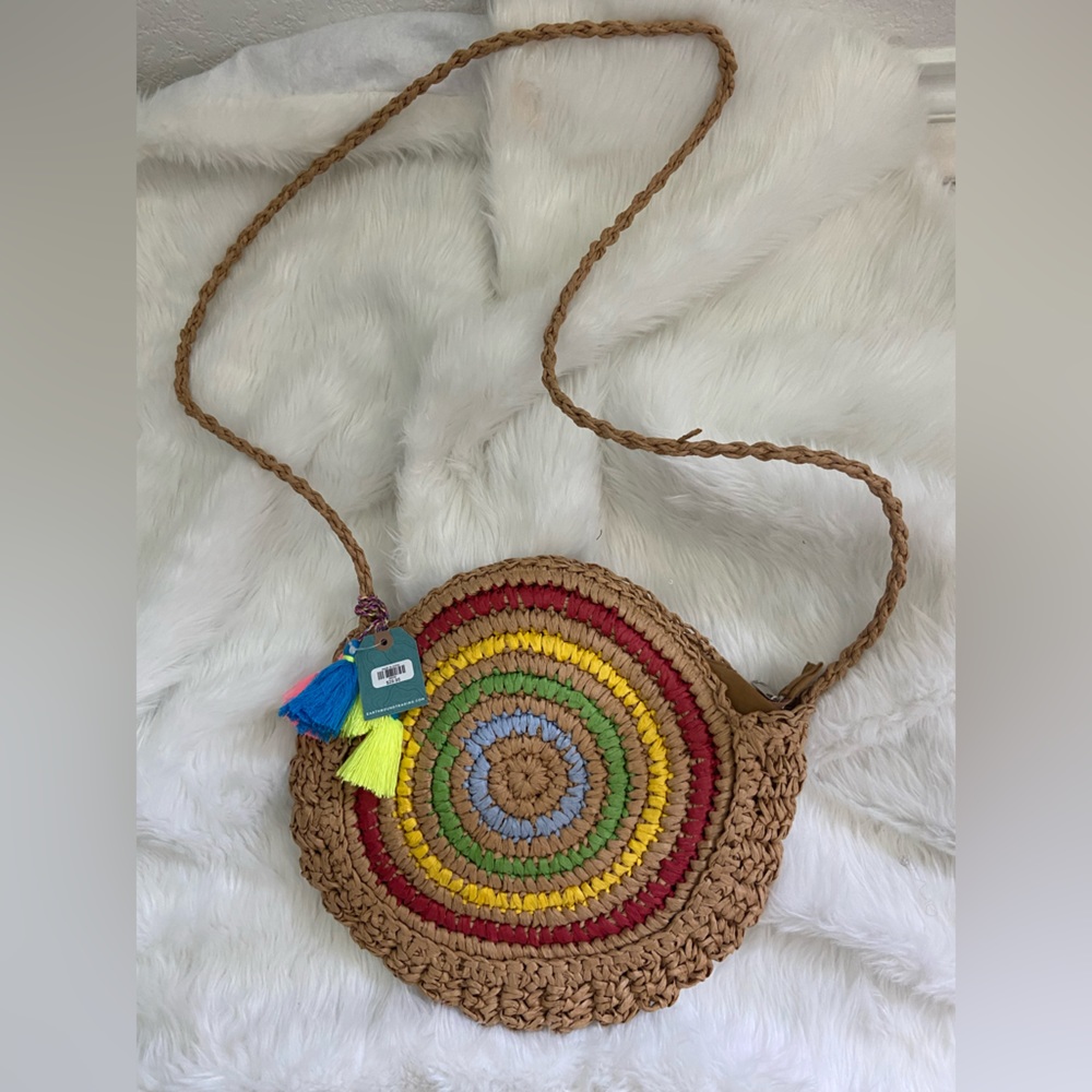 NWT Earthbound Round Raffia Straw Crossbody Purse Festival Boho Rainbow Tassels